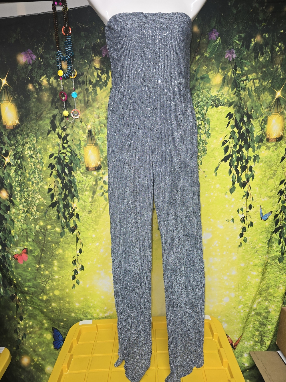 #172 Silver Sequin Strapless Tube Wide-Leg Jumpsuit (W Removable Straps)
